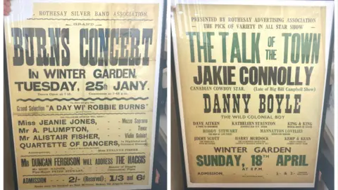 Two side-by-side images of frames playbills from the old days of the Winter Gardens, showing line-ups including "Burns Concert" and "The talk of the town" show starring Jakie Connolly.