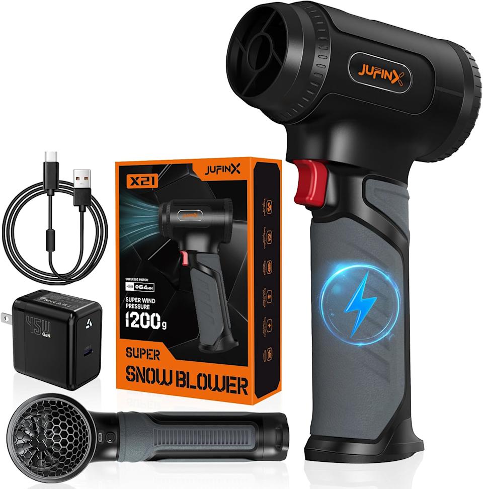 Jufinx Snow Blower -64mm Supper Motor,756w Stepless Speed- Leaf Blowers,680cfm(1200g Windpressure), 3000mah*8,30w Fast Charging,cordless Leaf Blower for Leaves,snow,house,machine Room,car Cleaning