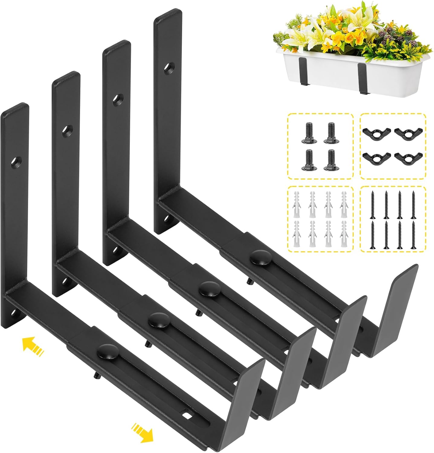 Keilend Adjustable Window Box Brackets - 4 Pcs Heavy Duty Iron Flower Box Holder for Outdoor Garden, Fence, Balcony - Black, Fits 5.8 to 11 Inch Windowsill Planters