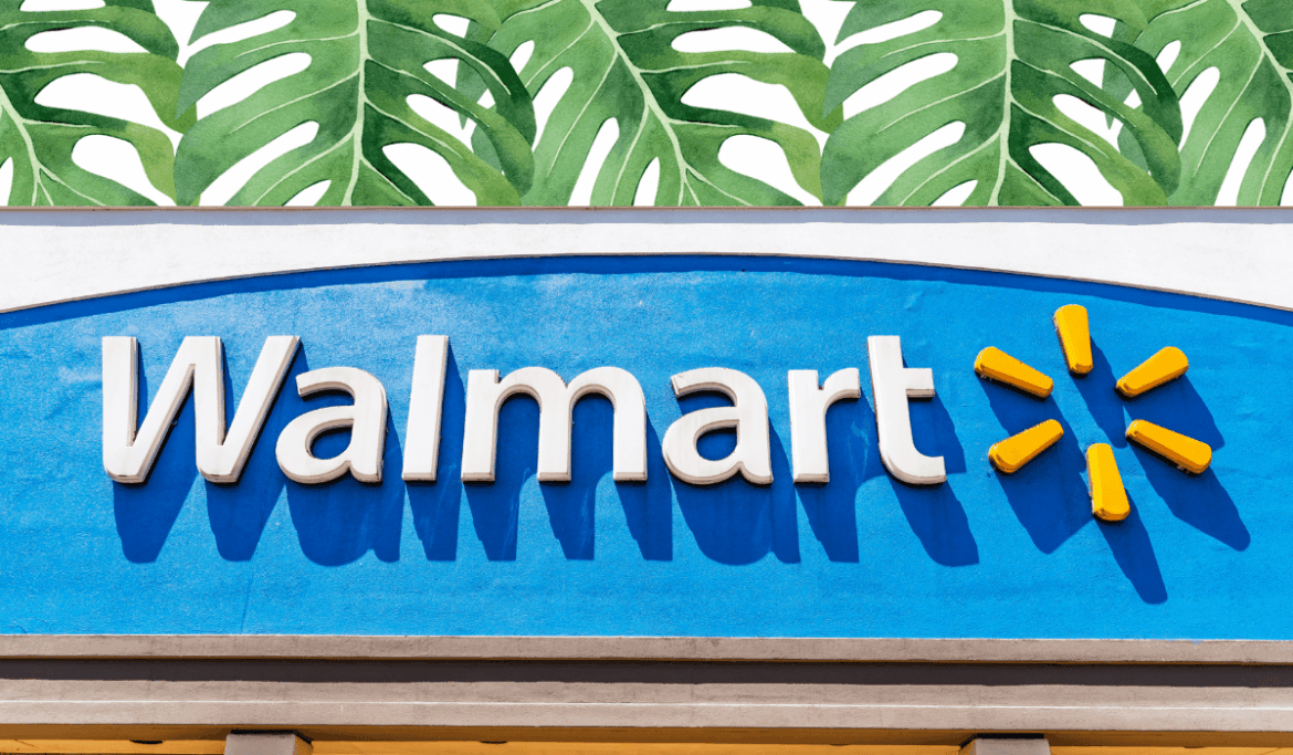 Walmart store sign with a leaf background