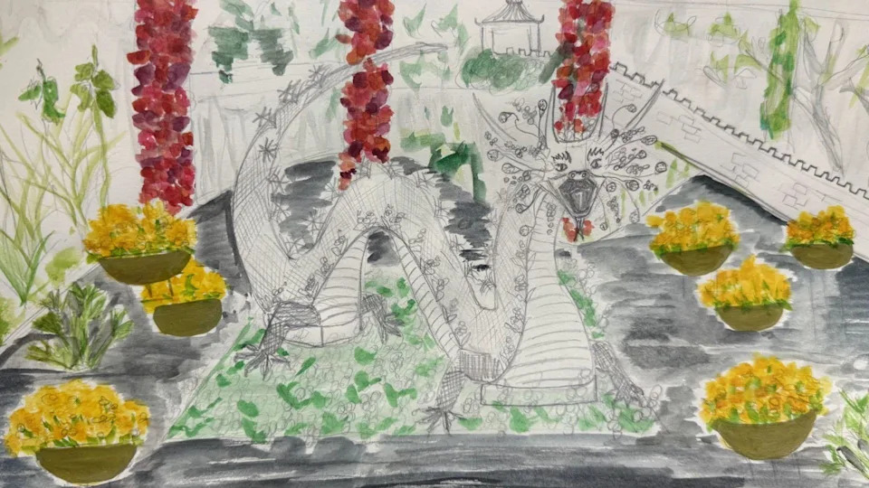 A watercolour sketch of a dragon sitting above a pond with hanging red flowers, yellow blossoms in pots, and a leafy surrounding.