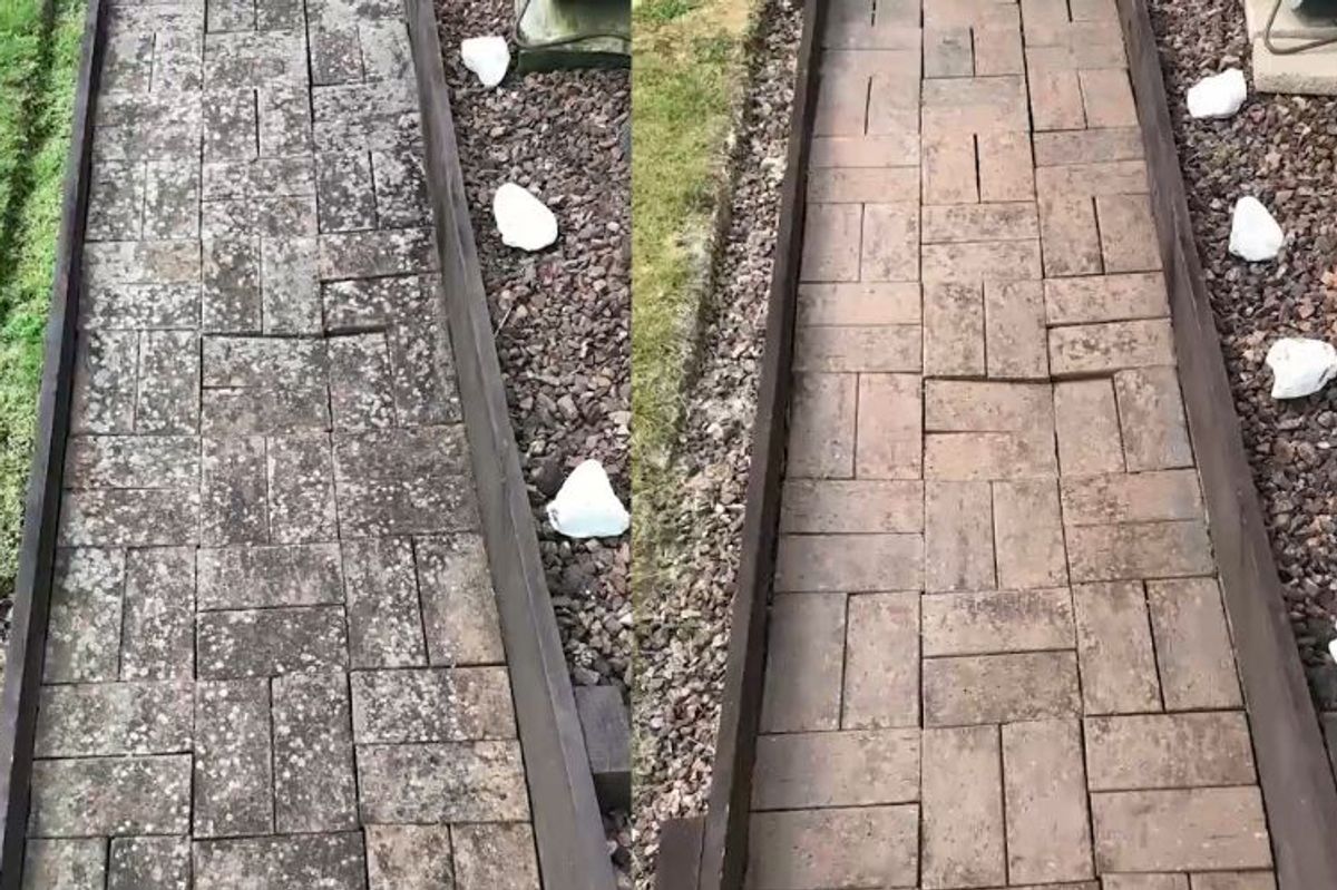 A before-and-after of a pathway using Wet and Forget Multi-Surface Outdoor Cleaner used on it