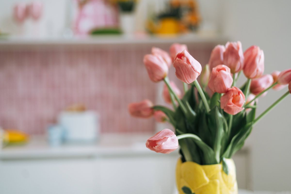 Bright spring bouquet of tulips in a vase