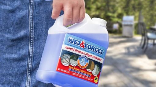 Man in his garden carrying container of Wet and Forget Multi-Surface Outdoor Cleaner