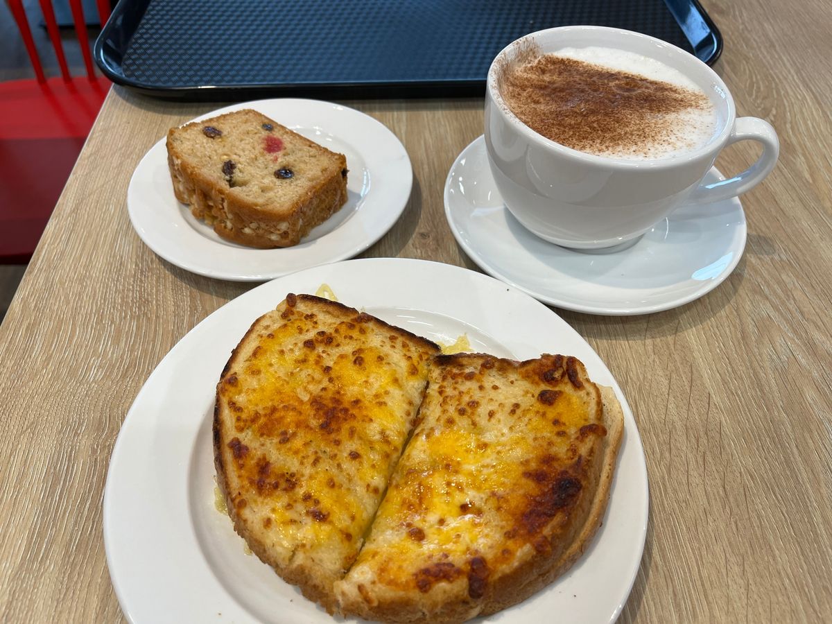A toastie, a large cappuccino and a piece of cake came to £5.33