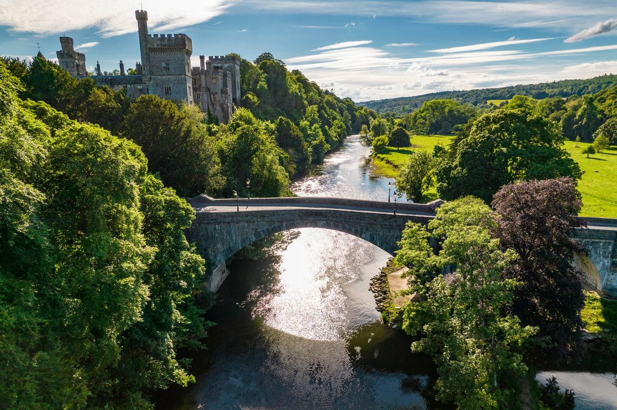 An aerial view of a picturesque landscape featuring a stone bridge crossing a serene river, surrounded by lush greenery and a distant castle silhouette against a clear sky.