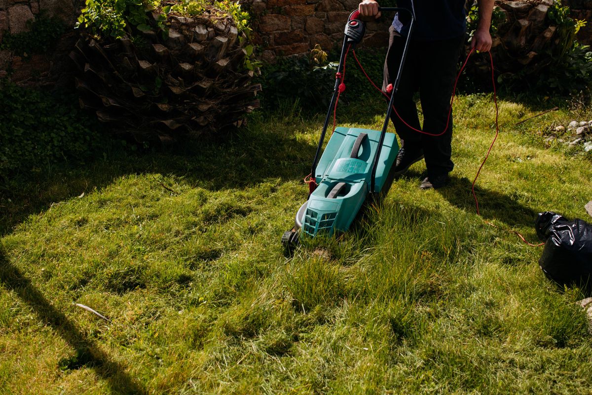 Young male mowing lawn in garden