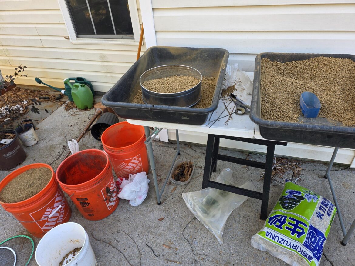 Beautiful wintee day to sort & sift soil...15 bags to go!