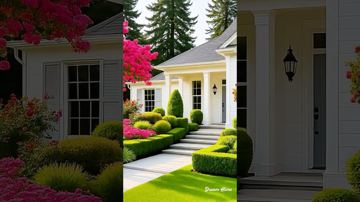 Dream Front Yard with Geometric Hedges & Colorful Blooms #garden #eleganthomes #gardendesign #home