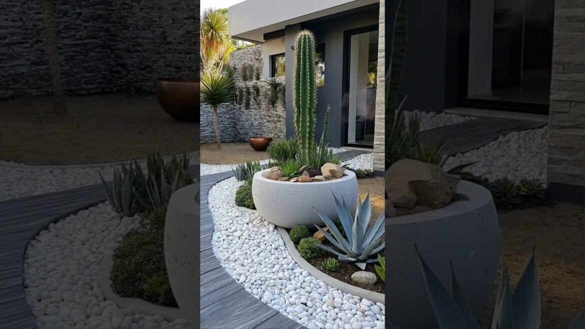 Modern Garden Design with White Pebbles and Large Plants #landscape #landscaping #renovation Modern Garden Design with White Pebbles and Large Plants #landscape #landscaping #renovation
