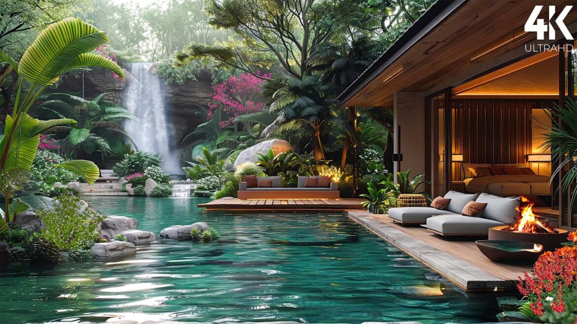 4K ASMR🌹Backyard Garden Ambience- Relax by the Campfire, Waterfall& Birdsong for Meditation, Healing