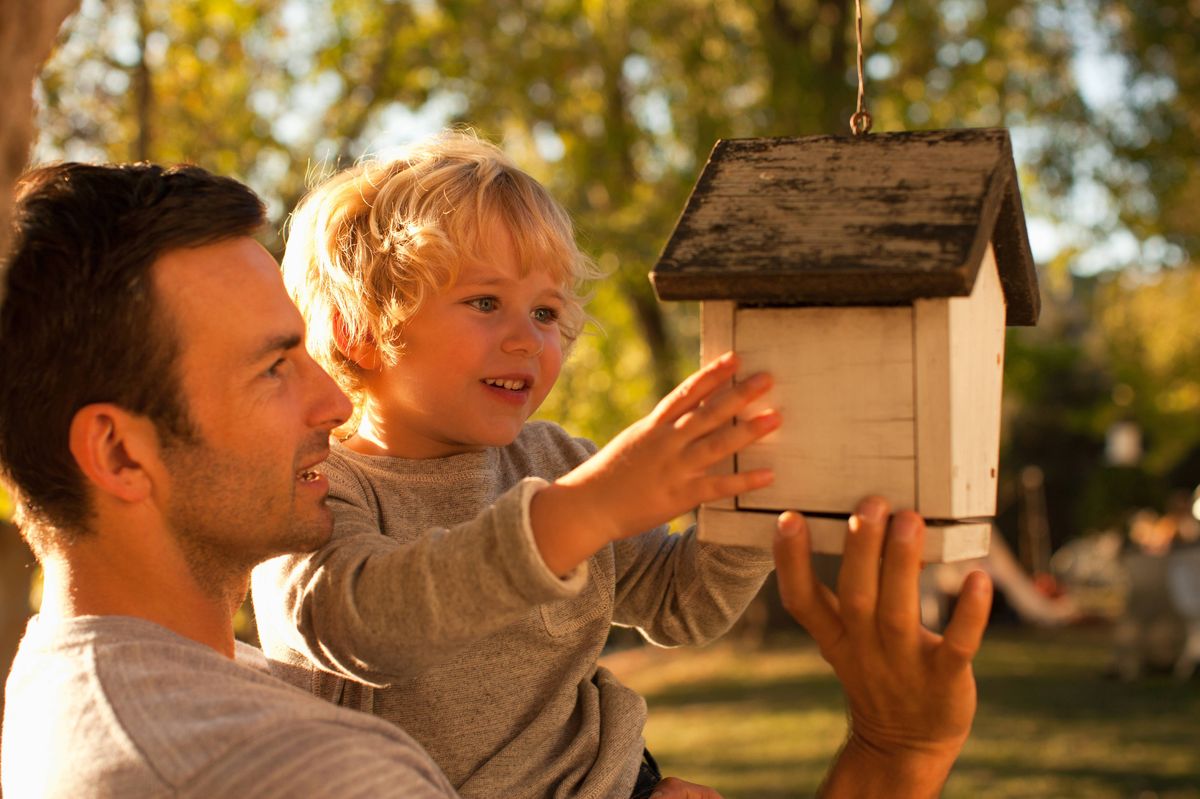 Dad holds up young son as they install bird box