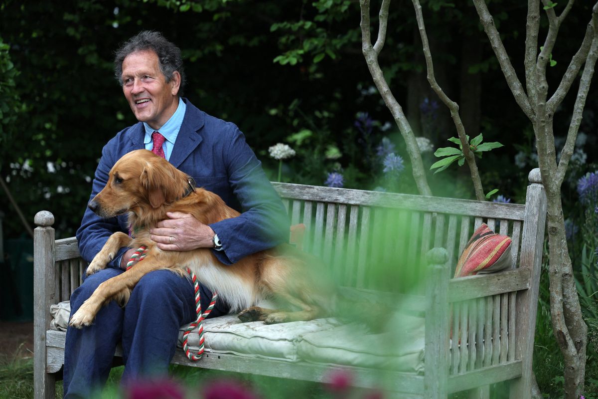 Gardener Monty Don poses with his dog Ned, a Golden Retriever, in his dog-friendly garden, during the preview day at the RHS Chelsea Flower show, in London, on May 19, 2025. Sweet potatoes sprouting among flowers, talking trees powered by AI and drought resistant crops, the prestigious Chelsea Flower Show is facing the future focusing on innovation and climate change adaptation. (Photo by Adrian Dennis / AFP) (Photo by ADRIAN DENNIS/AFP via Getty Images)          