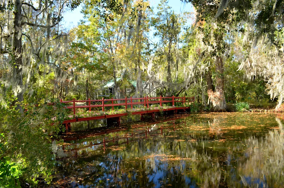 Red bridge over a pond surrounded by trees and Spanish moss at Magnolia Plantation & Gardens in South Carolina