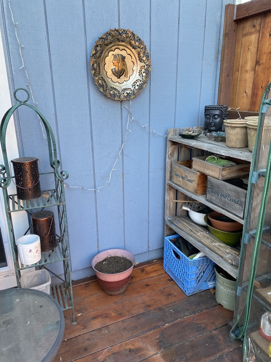 a clear space in front of a blue wall with shelves on either side and a pot full of dirt at the bottom