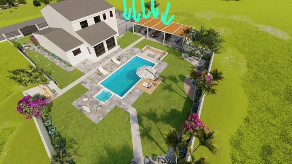 Help me choose the best spot for a permanent BBQ area — strong North/NE/NW winds (map inside)