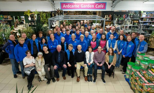 Ronan and Marie O'Conghaile with family members, new owners of Ardcarne Garden Centre Paul and Mary Frances Dwyer and the wider Ardcarne family. Pic: David Knight 