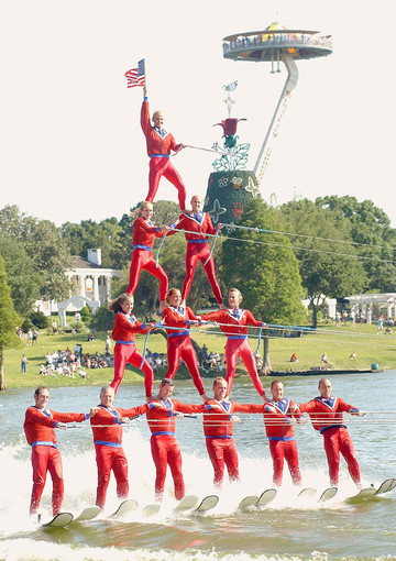 A four level pyramid containing 12 skiers was the finale...