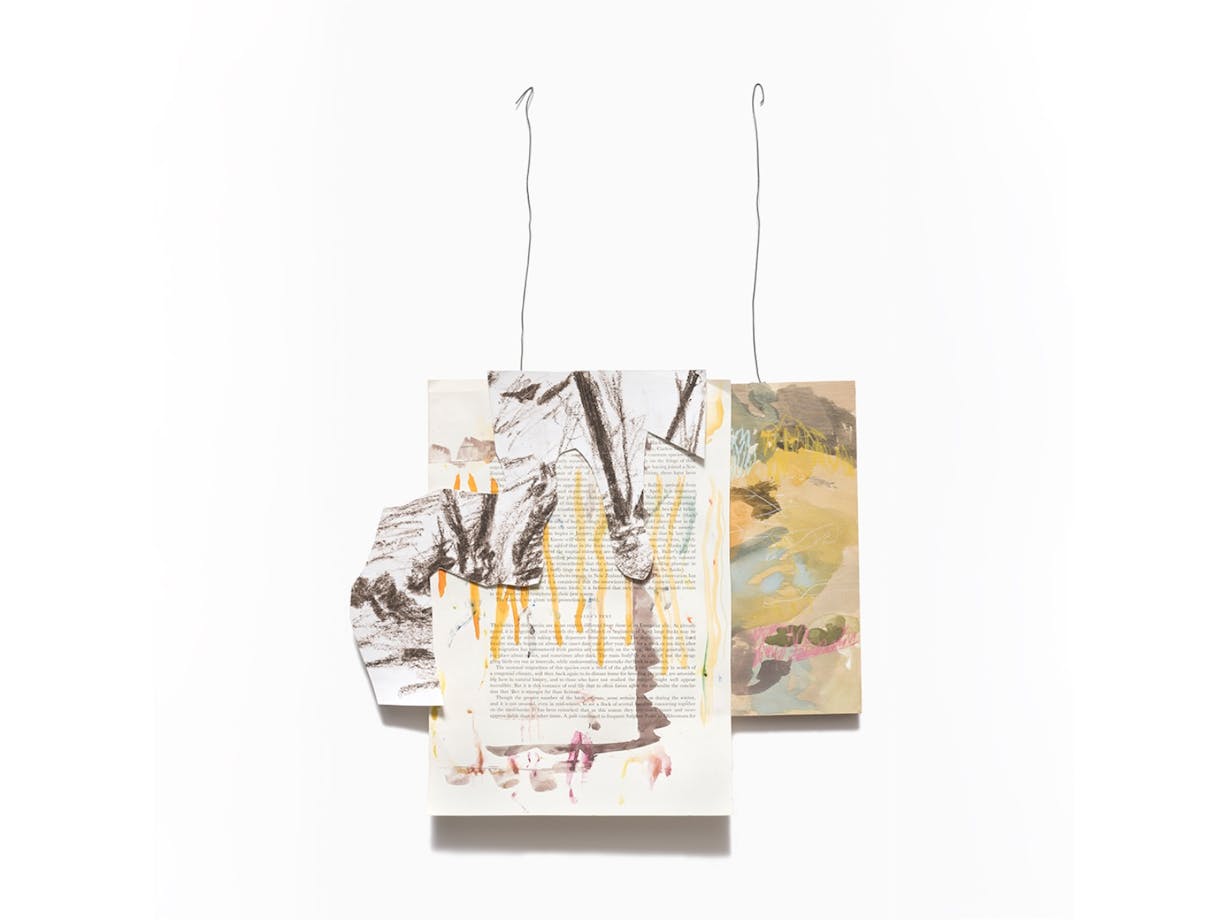 Collaged objects on paper with splashes of pink, green and ran watercolour.