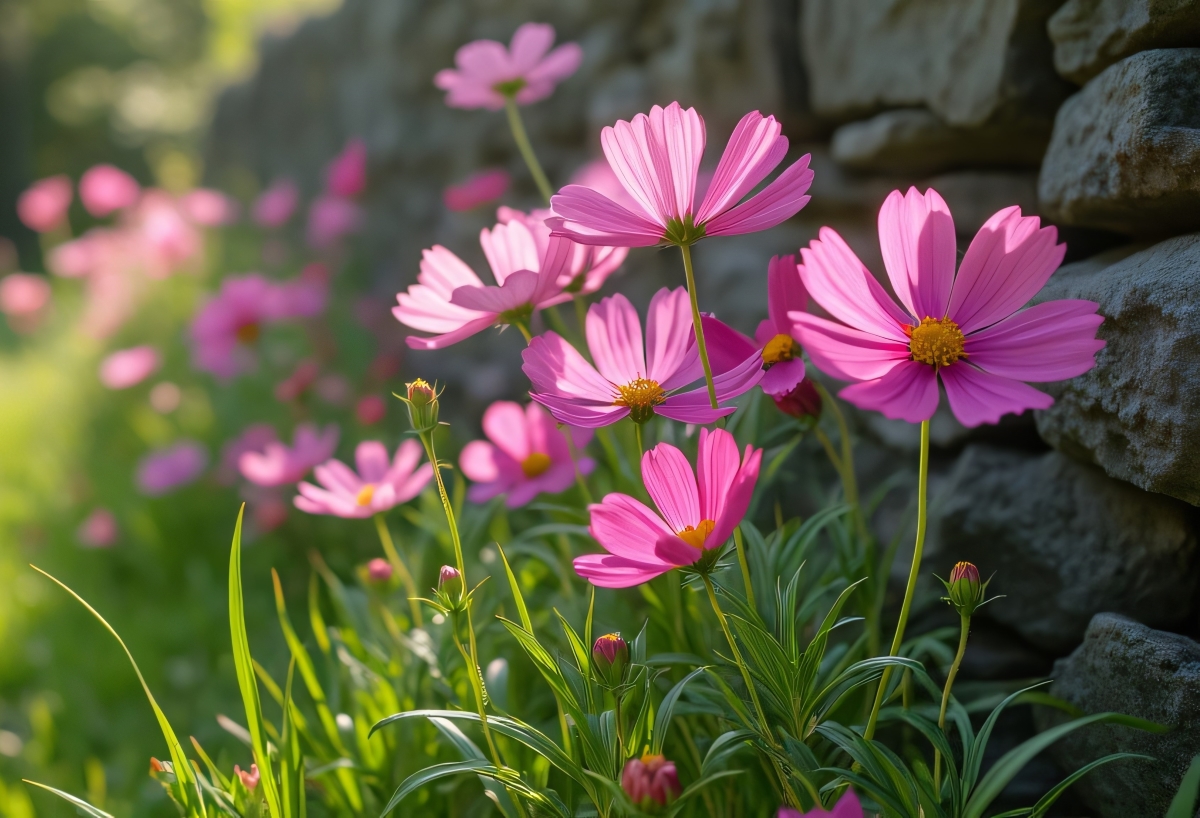 Pink cosmos flowers growing next to stone wall.