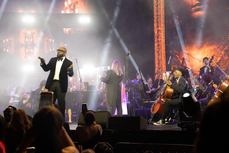 Nu Look maestro Arly Larivière addresses the audience at the Infosys Theatre in Madison Square Garden on Saturday, February 14, 2026, in Manhattan. Photo by Fredner Cayemitte / The Haitian Times 