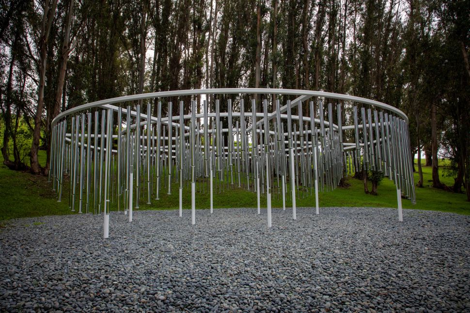 Doug Aitken’s Sonic Mountain (Sonoma) stands among eucalyptus trees, composed of suspended metal chimes arranged in a circular structure.