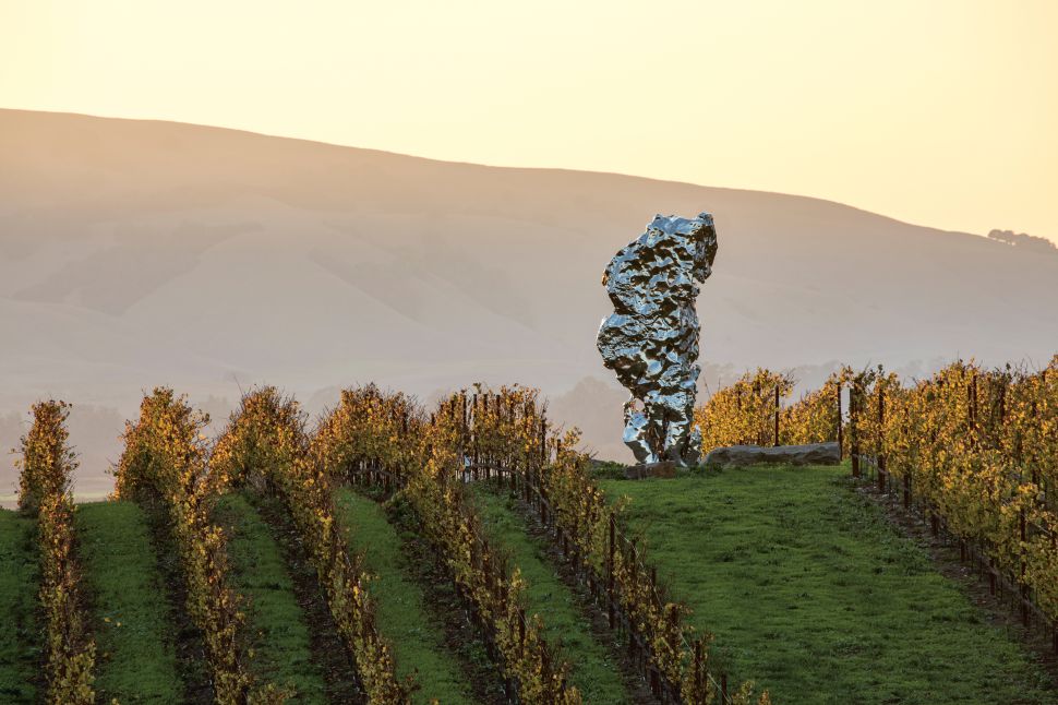 A stainless steel rock-like sculpture stands at the crest of a vineyard hill at Donum Estate, reflecting the surrounding vines and distant hills at sunset.