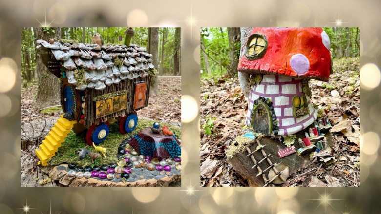 photos of two fair houses on a fairy light background