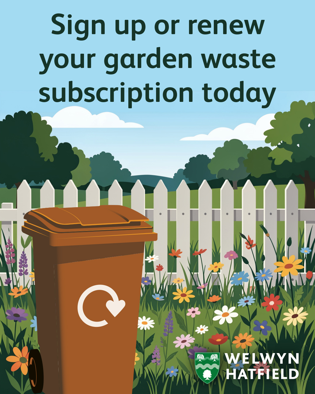 A garden waste bin in a garden