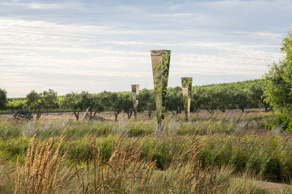 Mirrored vertical sculptures rise from tall grasses and wildflowers within Donum Estate’s vineyard landscape under an open sky.