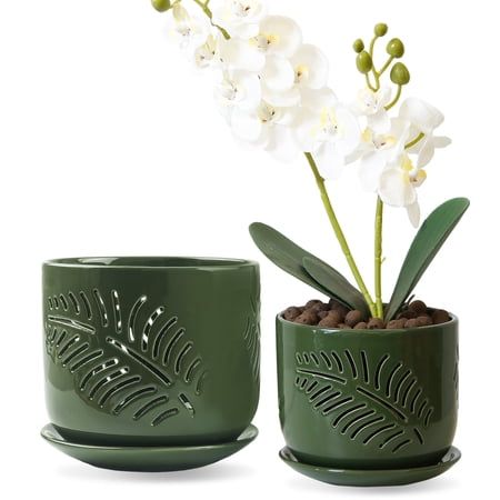 Green Palm Leaf Ceramic Orchid Pot Set, 5 &amp; 6 Inch Breathable Planters With Holes for Repotting, Decorative Tropical Style Flower Pot With Tray for Indoor Plants