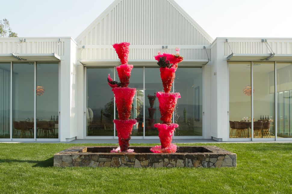 Doug Aitken’s Sonic Mountain (Sonoma) stands among eucalyptus trees, composed of suspended metal chimes arranged in a circular structure.