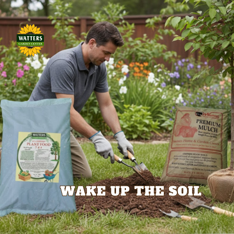 man preparing soil in his garden with "wake up the soil" written across