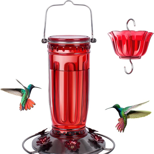 Red glass hummingbird feeder