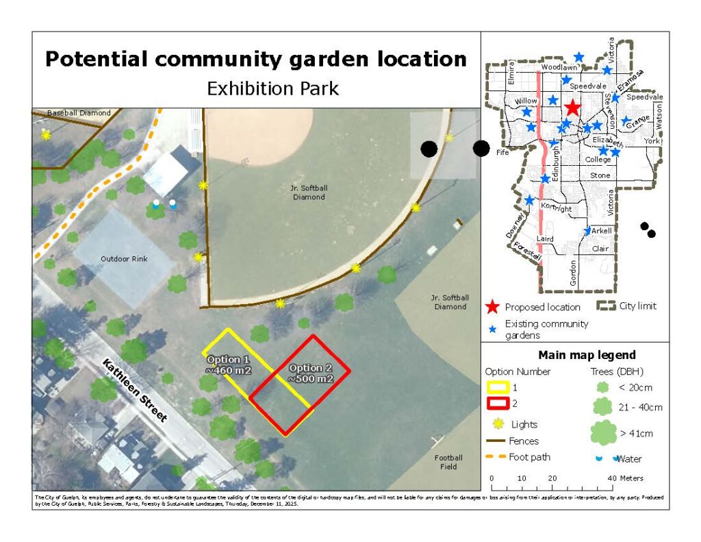 Map of the proposed location for the community garden at Exhibition Park in Guelph.