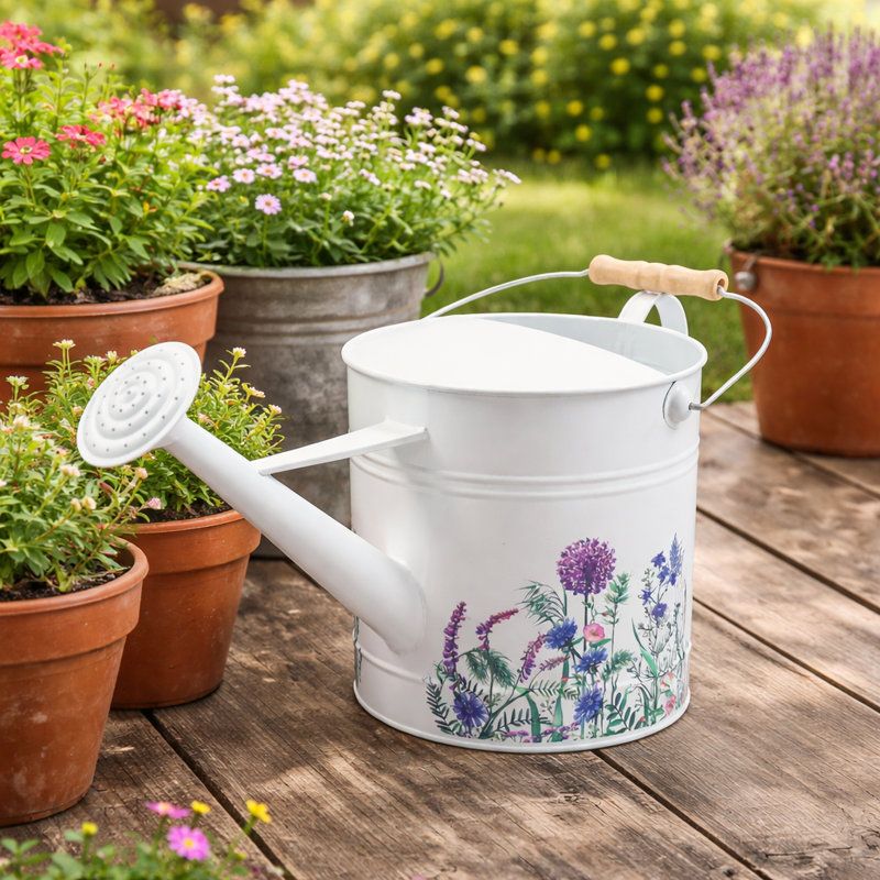 August Grove&reg; Dicristino Watering Can Metal With Wooden Handle Floral Design for Indoor Outdoor Home Garden Use - 10" Multi &amp; Reviews | Wayfair