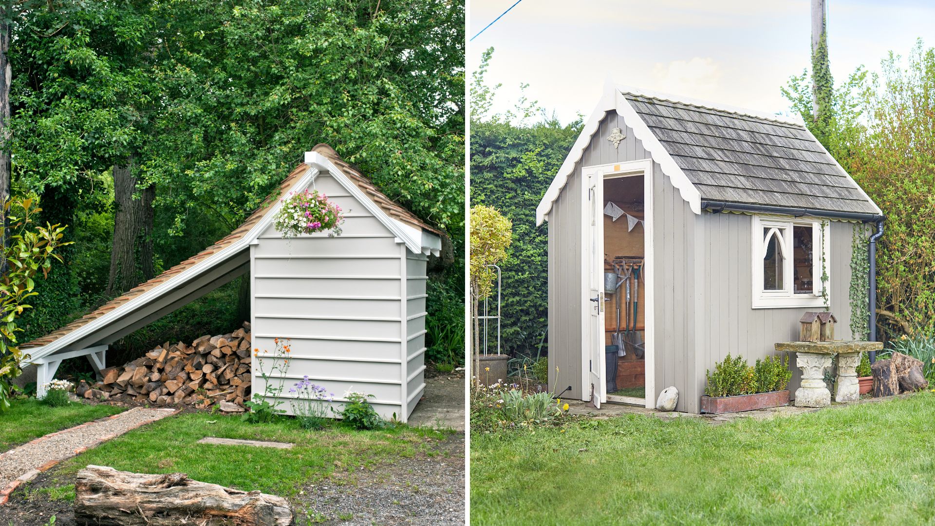 Split image of garden storage with a log shed and a roofed shed