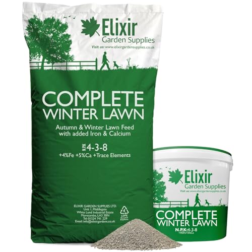 Elixir Gardens Complete Winter Lawn Premium Compund Fertiliser | Autumn &amp; Winter Turf Feed Optimized for British Climate (n.p.k 4-3-8 + 4% Fe + 5% Ca) | 1kg Tub Treats Up to 29 Sq.m