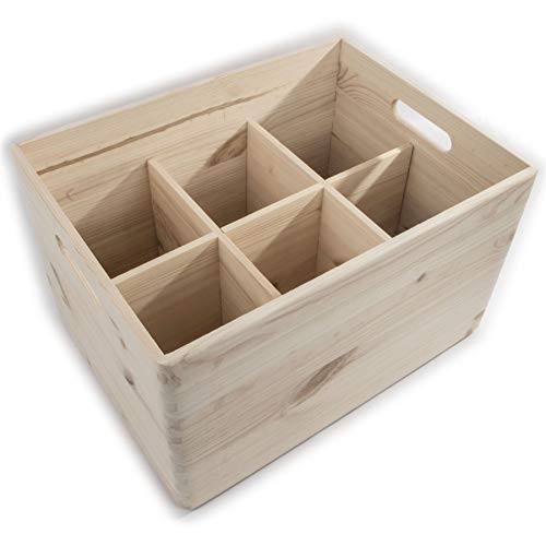 Woodeedoo Large Deep Wooden Storage Crate With Removable Dividers &ndash; Stackable Unfinished Pine Box With 6 Compartments for Toys Craft Pantry Tools Kitchen Organisation Workshop &ndash; 39.5x29.5x23.5cm