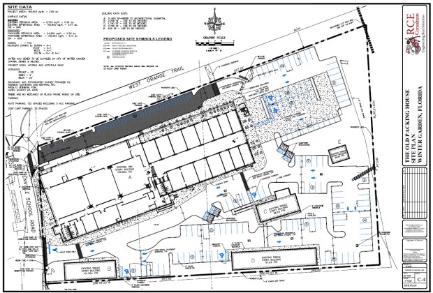 The site plan for the Old Packing Plant project in Winter Garden. The property is owned by Gary Hasson of Crown Property Holdings and the plan was prepared by RCE Consultants. (Courtesy of the City of Winter Garden)