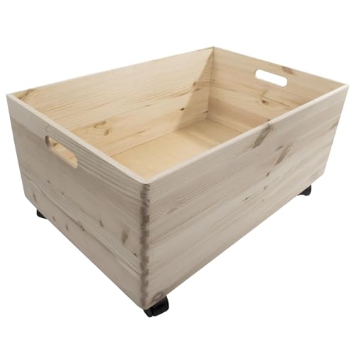 Woodeedoo Extra-Large Deep Wooden Storage Box With Wheels and Handles &ndash; Open-Top Crate Container for Toys Tools Crafts or Household Organisation &ndash; Unfinished Diy-Ready Wood &ndash; 59.5 X 39.5 X 28.5 Cm