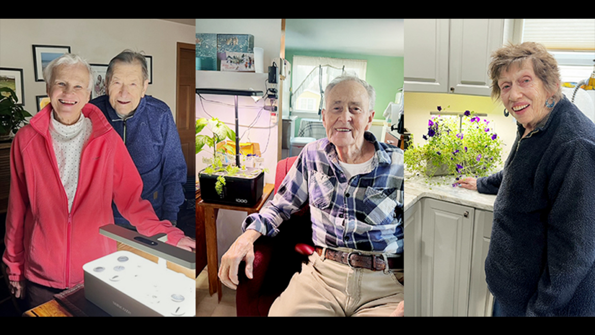 Elderly individuals enjoying home gardening indoors as part of Home Based Primary Care. Left: Couple beside a plant light; Center: Man with an indoor garden; Right: Woman by a flowerpot. Bright and cheerful.