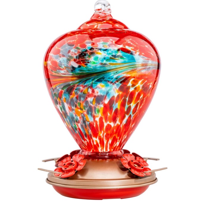 Red blown glass hummingbird feeder