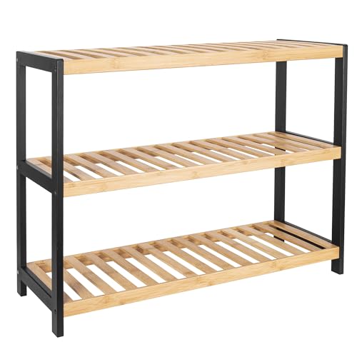 Vencier Bamboo Shoe Rack Natural &ndash; Easy Assembly &amp; Strong Design Stand Shelf Organizer Ideal for Corridor, Bedroom, Bathroom, Hallway &amp; Small Spaces, Large Capacity (natural/black, 3 Tier)