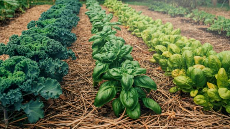 A mulched garden of leafy greens