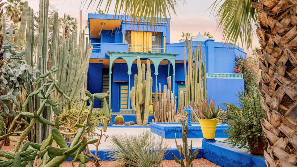 08 March 2025, Marrakech, Morocco: Stunning blue villa surrounded by cacti and other plants in the Majorelle Garden, a popular tourist attraction