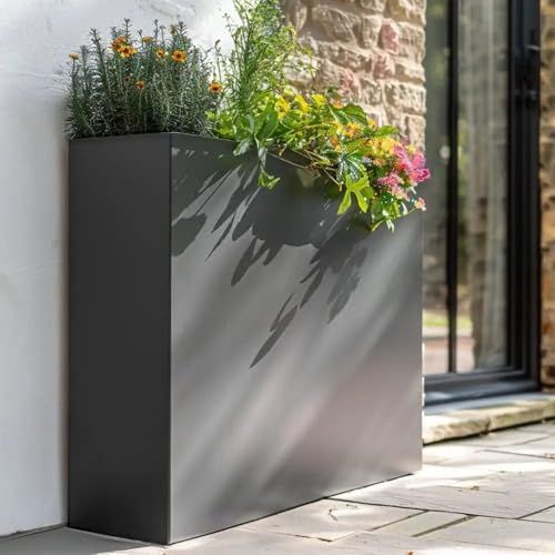 Tulipy Zinc Galvanised Long Tall Trough Planter | No Assembly Needed | Lightweight (matte Grey, L80cm X W25cm X H60cm)