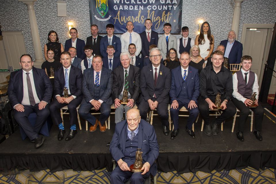 Manager of the Arklow Bay Hotel Ciaran O'Neill, Wicklow GAA County Board Chair Damien Byrne, Vice Chair Martin Fitzgerald, and GAA President Jarlath Burns with Wicklow GAA Garden County Award recipients. All photos by Mick Kelly.