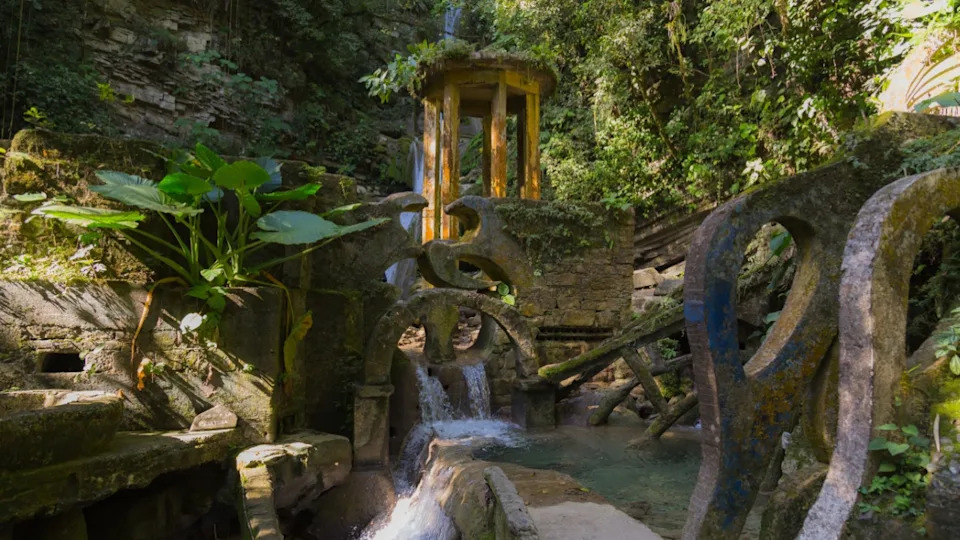 January 1, 2020. Xilitla, San Luis Potosí, Mexico. Panoramic view of the pools (Las Pozas), Architecture in a surreal garden located in the subtropical jungle of the Sierra Madre mountains.