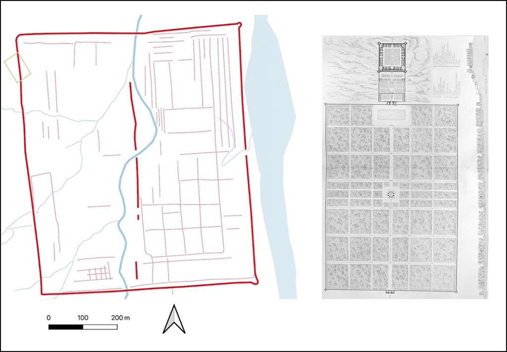 
The layout of the garden site compared to that of the Qasr-i Qajar at roughly the same scale (source: EAMENA; Coste Reference Coste1867). Credit: Fradley et al., Antiquity (2026)